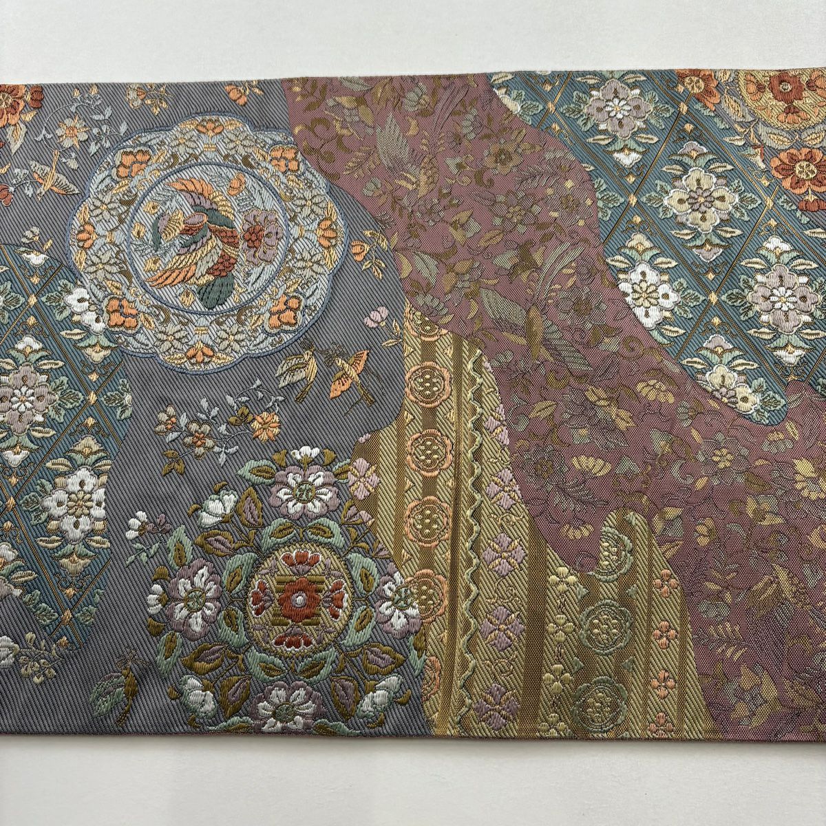 袋帶 秀品級 華紋 花鳥 金絲 金金箔 小豆 深褐 素材 純蠶絲