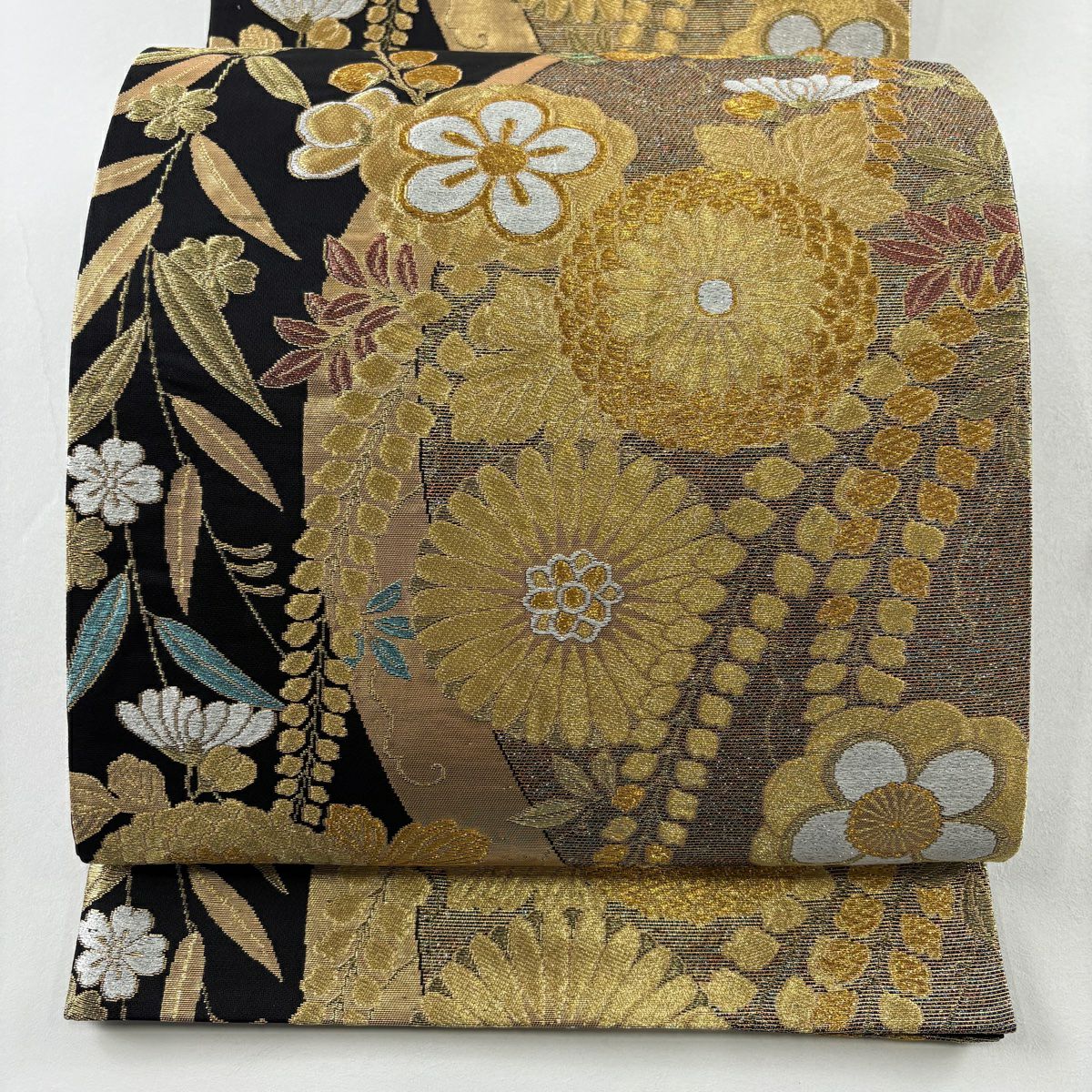 袋帶 秀品級 菊花 枝梅花 金絲 金金箔 黑 六通 純蠶絲