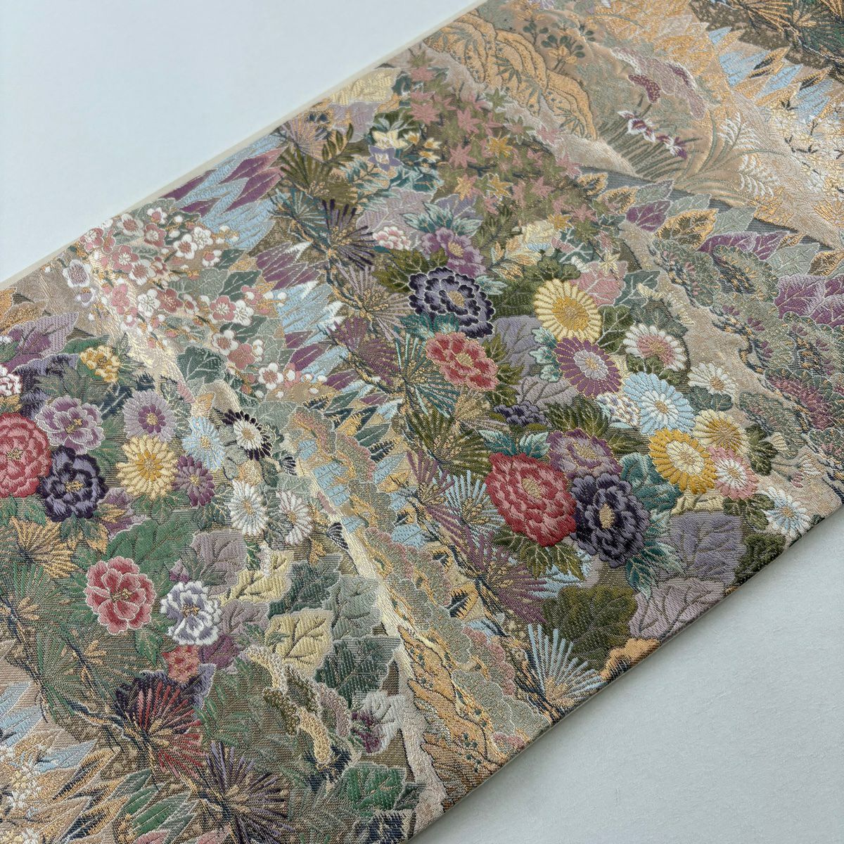 袋帶 秀品級 松樹梅花 草花紋 金糸 金金箔 粉米色 六通 純蠶絲