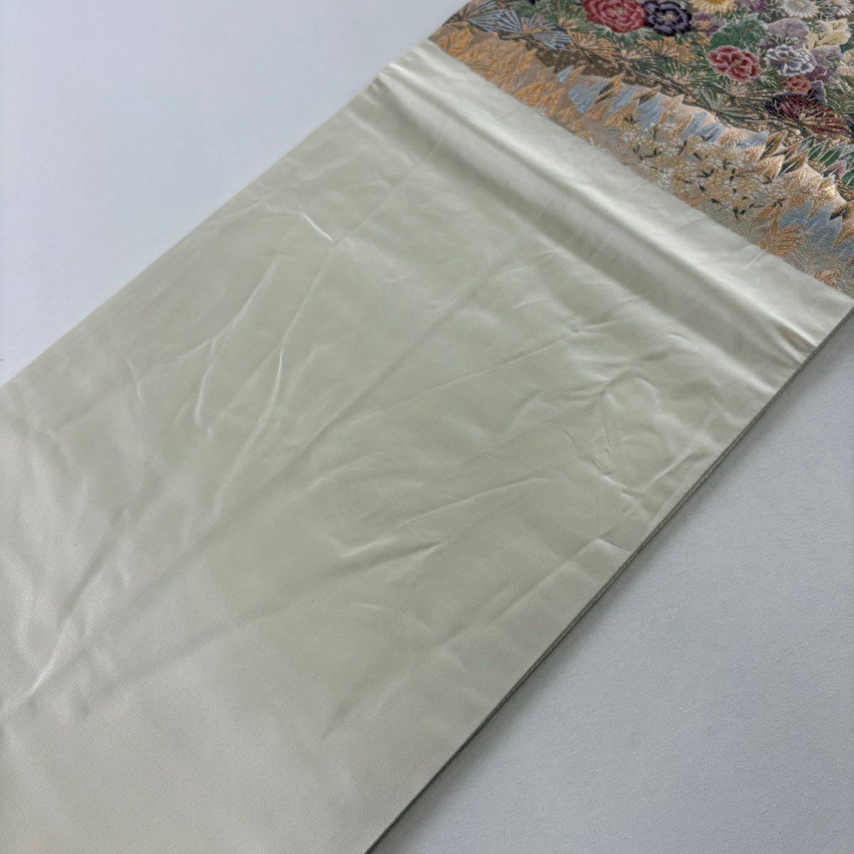 袋帶 秀品級 松樹梅花 草花紋 金糸 金金箔 粉米色 六通 純蠶絲