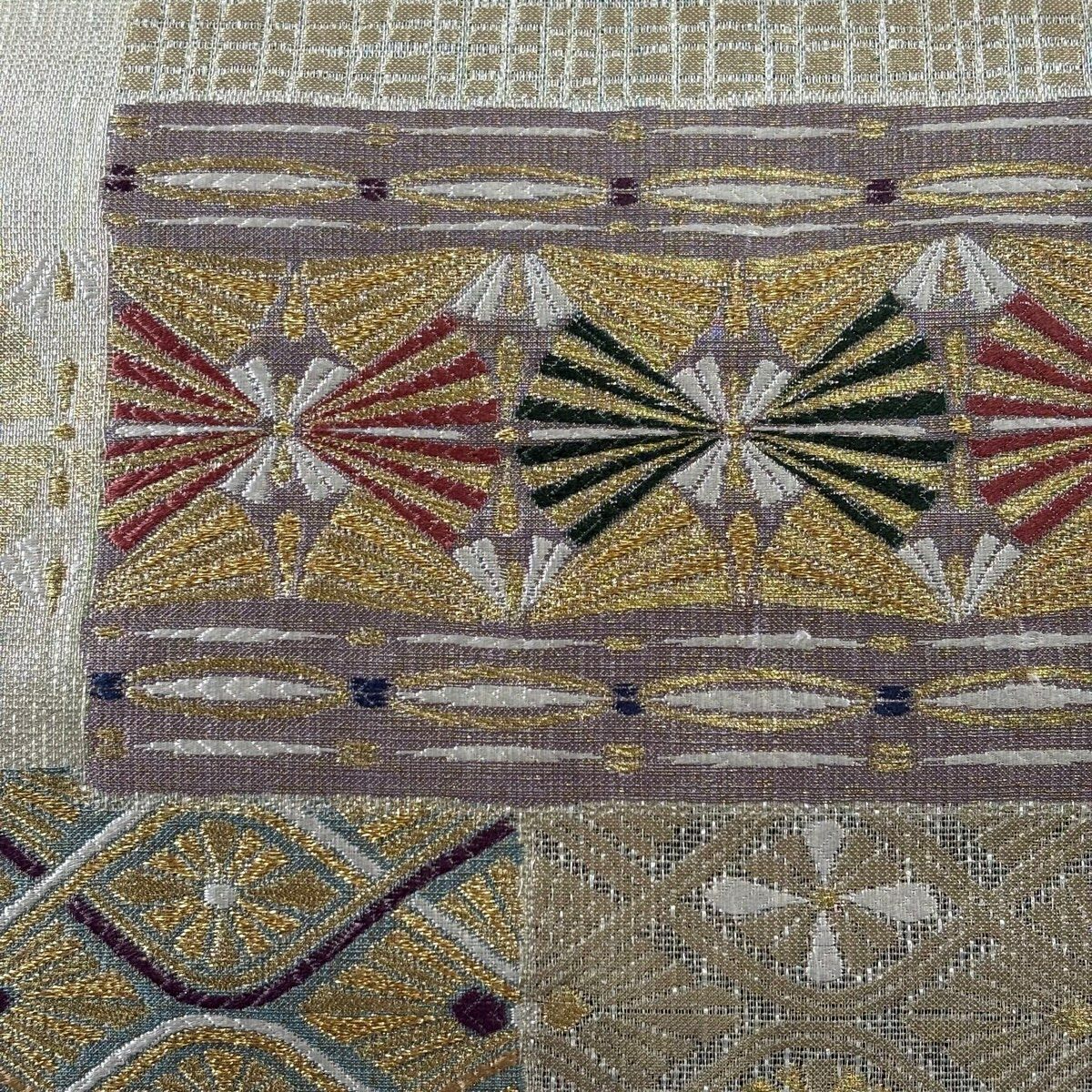 【美品】 袋帶 秀品級 若松樹 幾何圖案 金銀彩 金金箔 淺茶 六通 純蠶絲