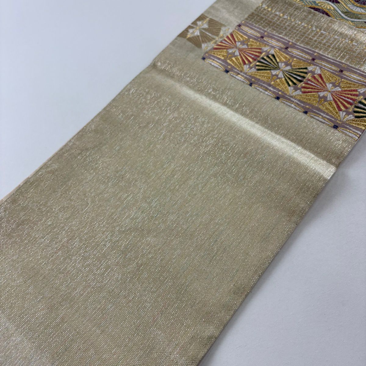 【美品】 袋帶 秀品級 若松樹 幾何圖案 金銀彩 金金箔 淺茶 六通 純蠶絲