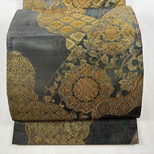 袋帶 秀品級 正倉院裂取華紋 金糸 金金箔 青綠 六通 純蠶絲