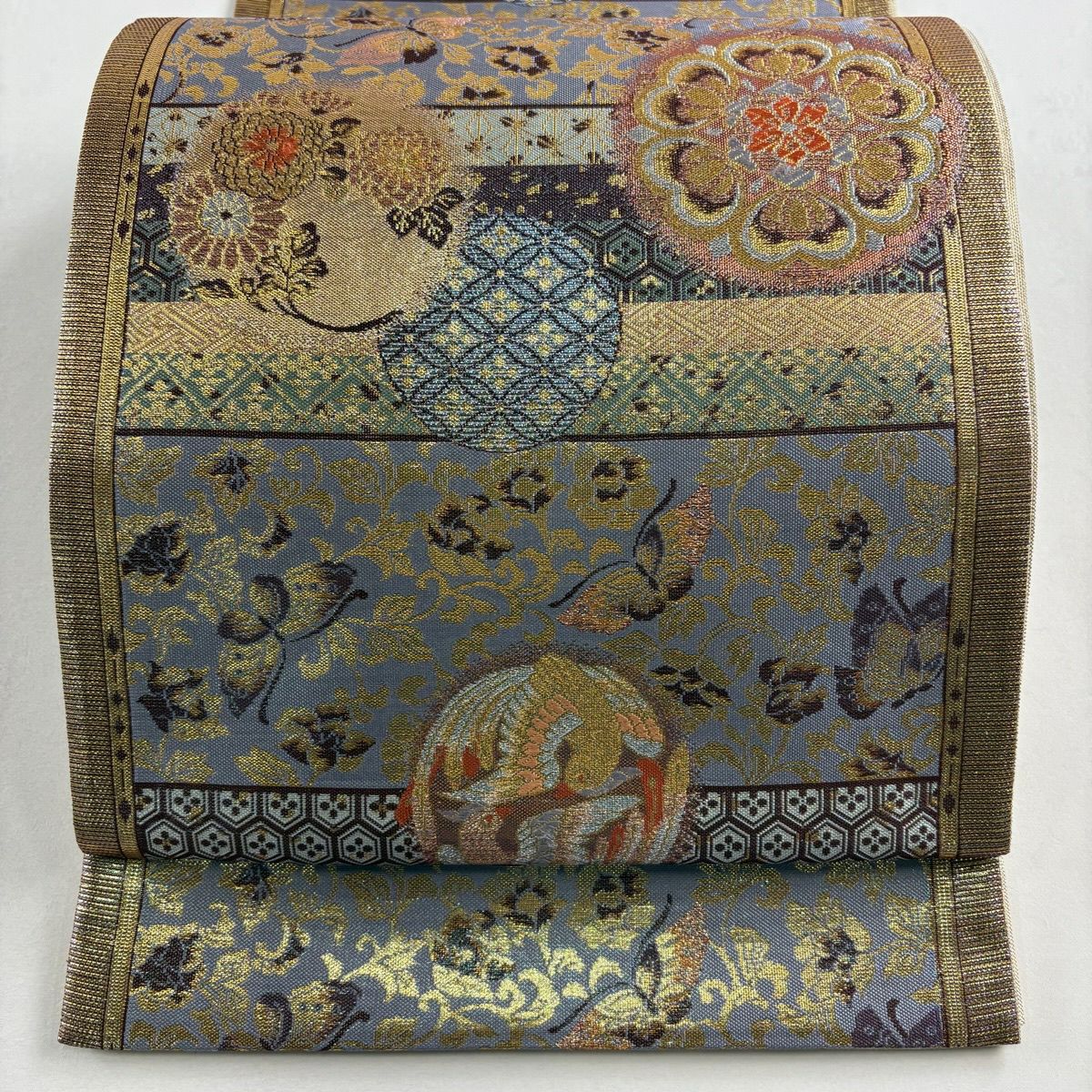 【美品】 袋帶 秀品級 姬物語 華紋 花鳥 金絲 金金箔 金色 六通 純蠶絲