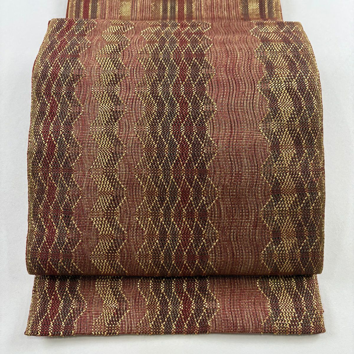 【美品】 袋帶 秀品級 條紋 幾何學 金絲 紅茶 大鼓圖案 純蠶絲