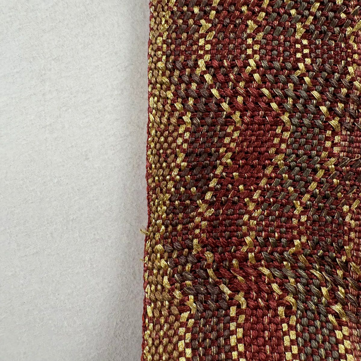 【美品】 袋帶 秀品級 條紋 幾何學 金絲 紅茶 大鼓圖案 純蠶絲