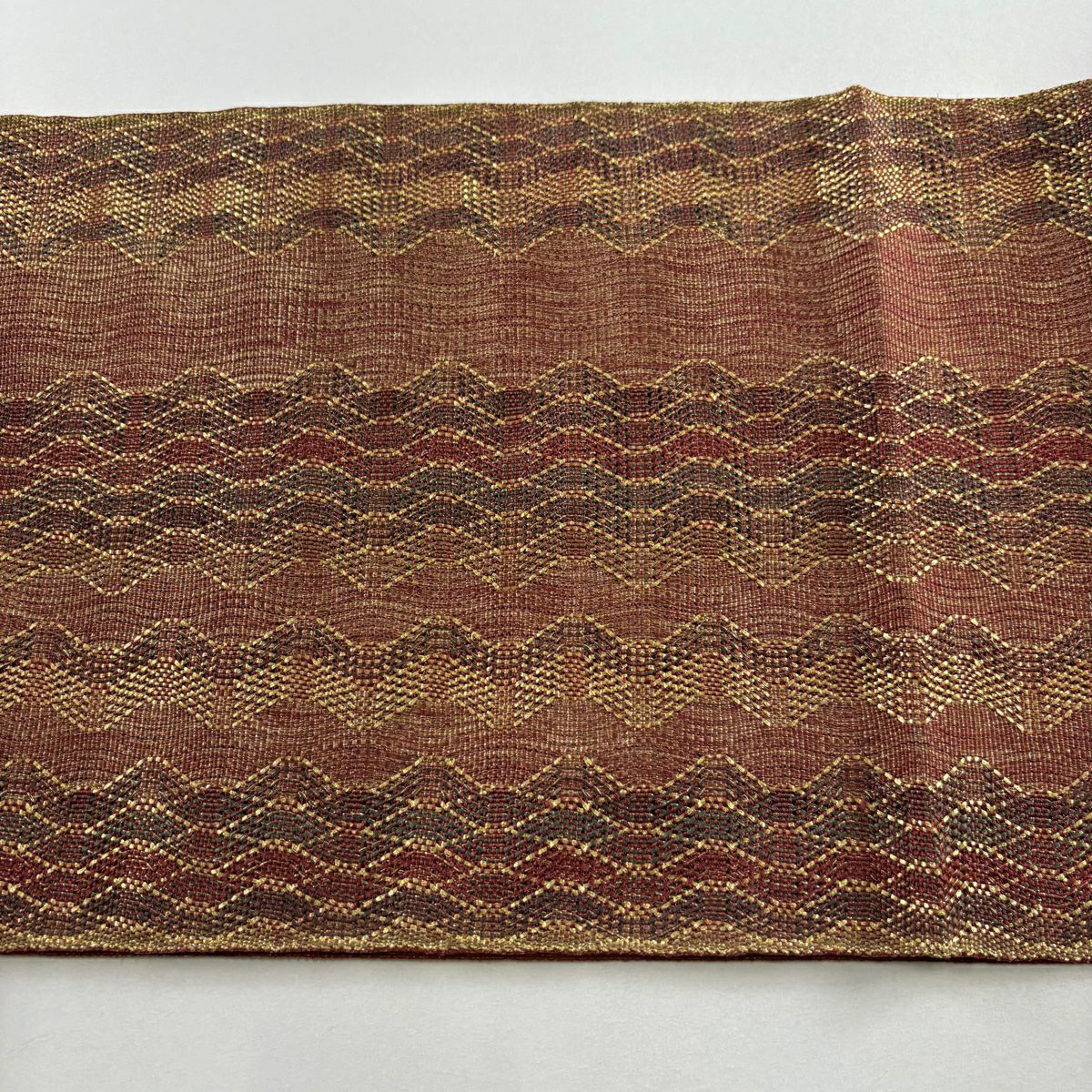 【美品】 袋帶 秀品級 條紋 幾何學 金絲 紅茶 大鼓圖案 純蠶絲