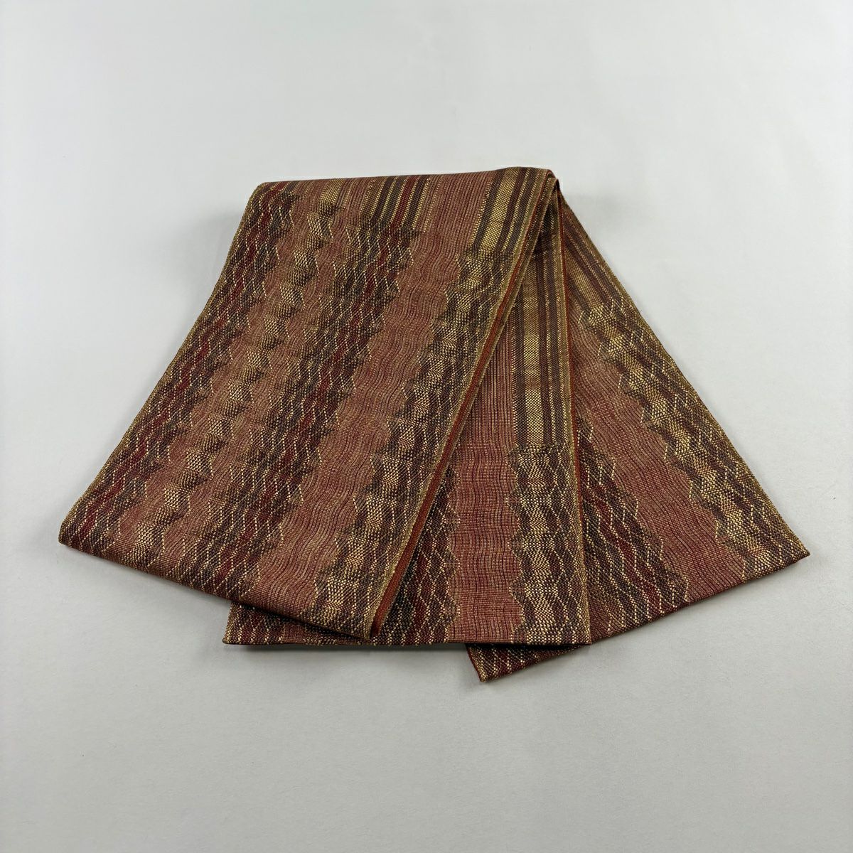 【美品】 袋帶 秀品級 條紋 幾何學 金絲 紅茶 大鼓圖案 純蠶絲