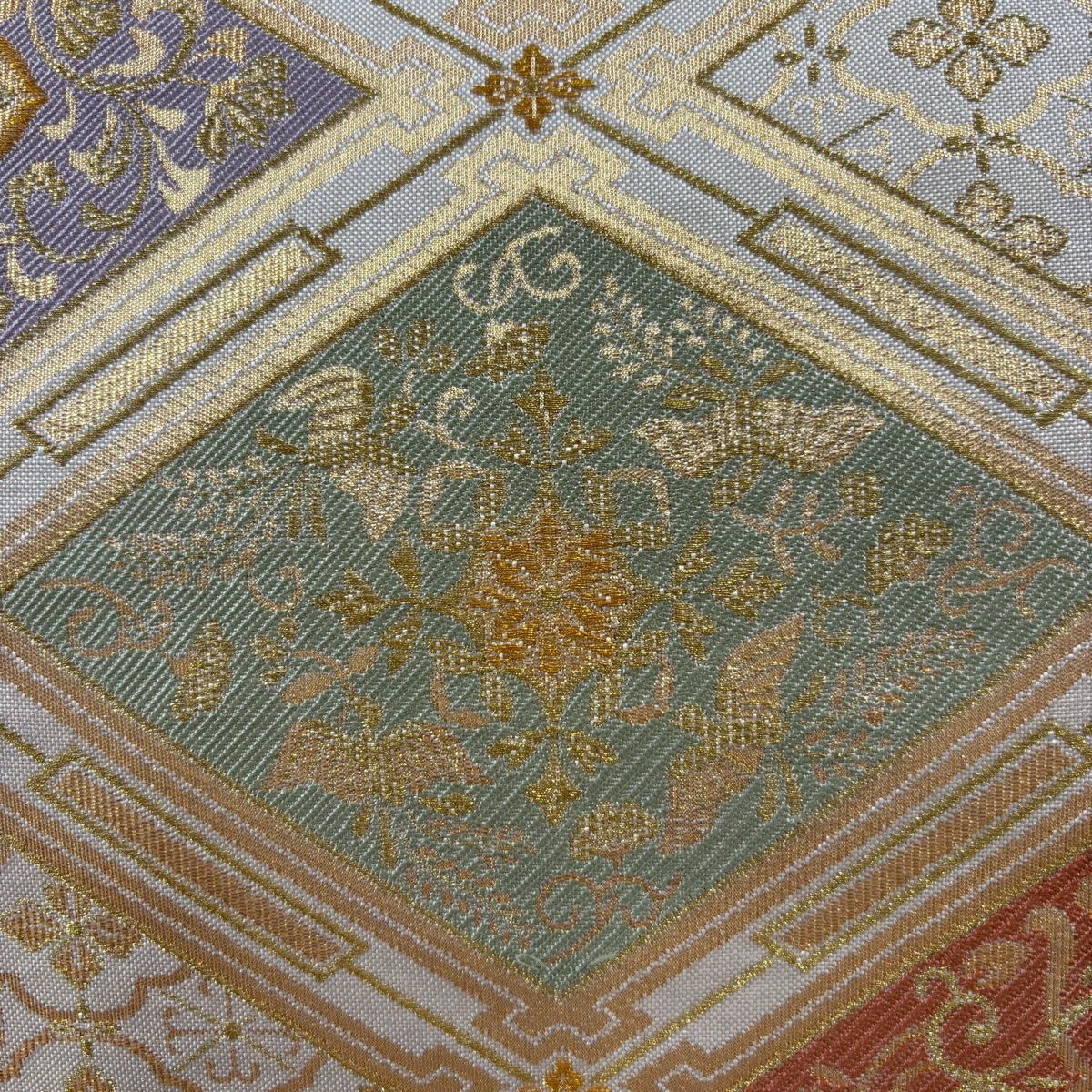 【美品】 袋帶 秀品級 菱格子 花唐草紋 金絲 金金箔 金色 六通 純蠶絲