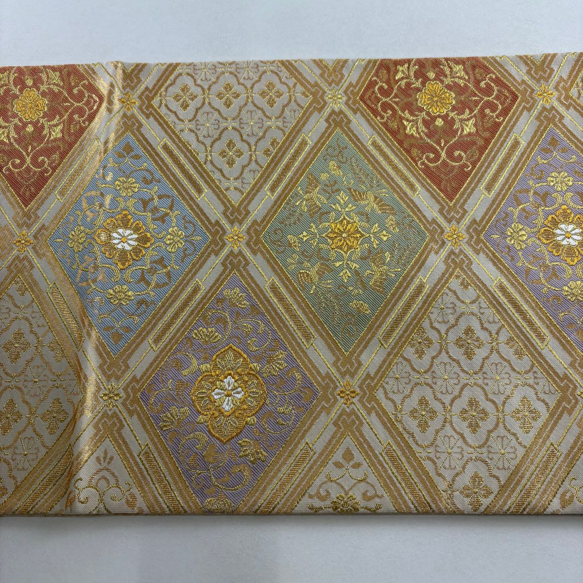 【美品】 袋帶 秀品級 菱格子 花唐草紋 金絲 金金箔 金色 六通 純蠶絲