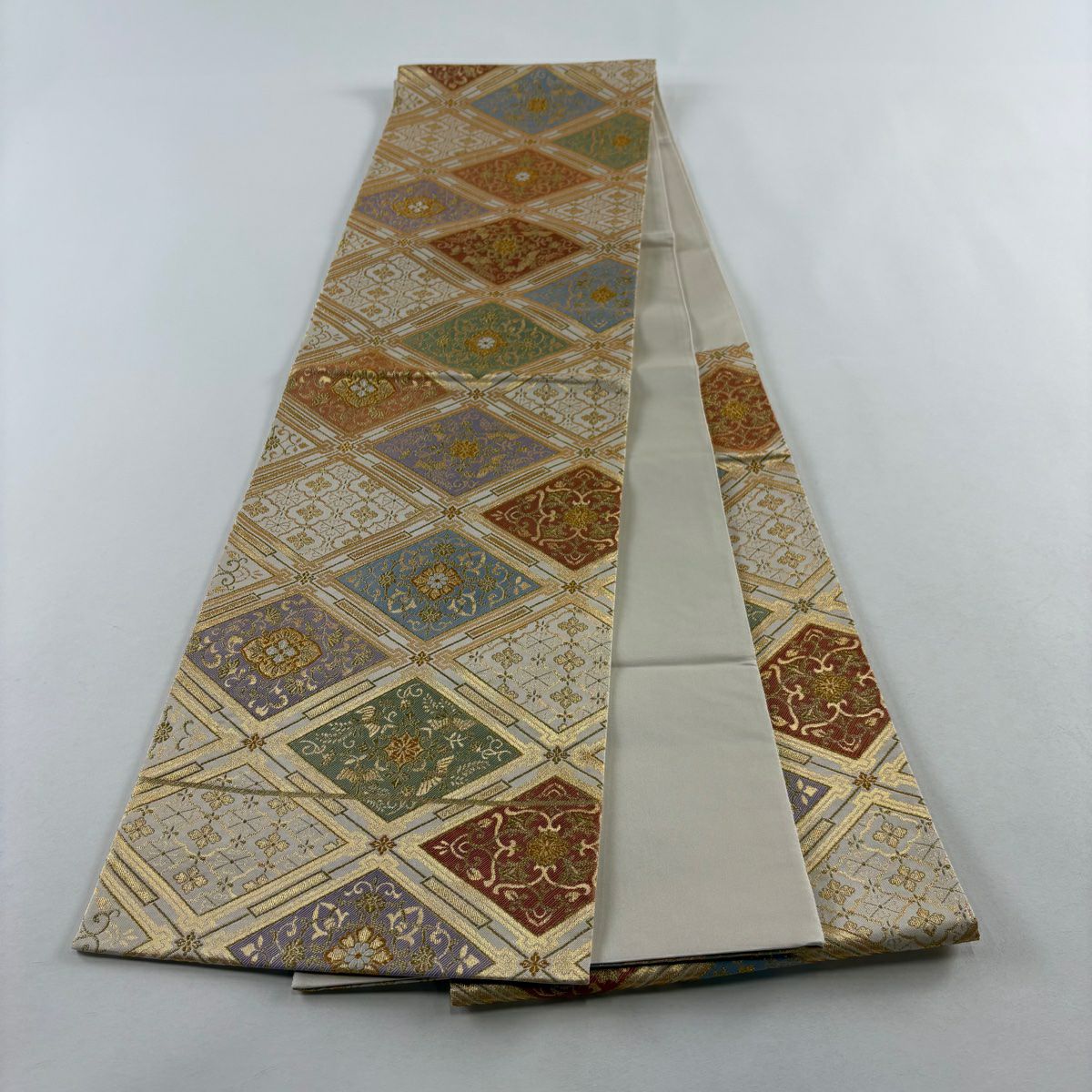 【美品】 袋帶 秀品級 菱格子 花唐草紋 金絲 金金箔 金色 六通 純蠶絲