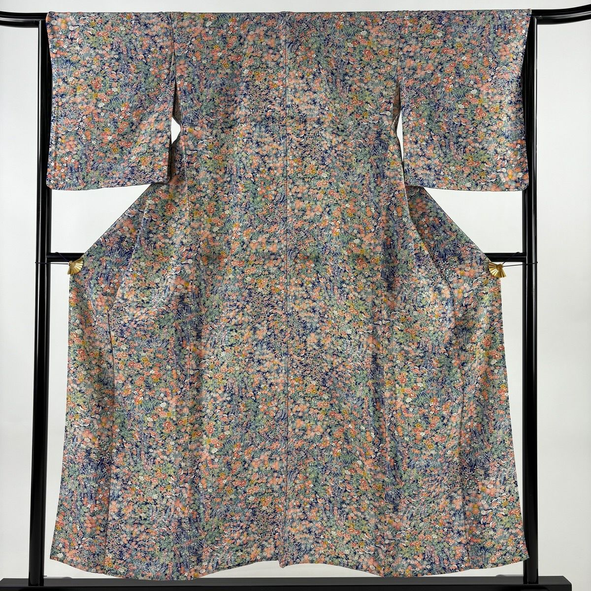 小紋 身長152.5cm 袖長66cm M 單層 草花紋紋 深藍 純蠶絲 優品級