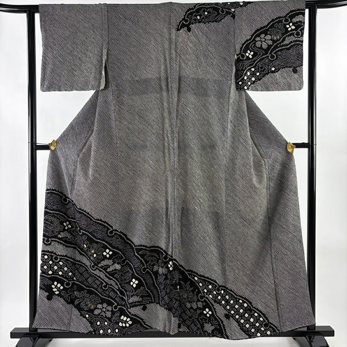 【美品】訪問服 身長157.5cm 袖長61cm S 雙層 雪輪 草花紋紋 金彩裝飾 絞染 黑 純蠶絲 名品級