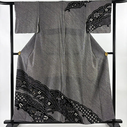 【美品】訪問服 身長157.5cm 袖長61cm S 雙層 雪輪 草花紋紋 金彩裝飾 絞染 黑 純蠶絲 名品級