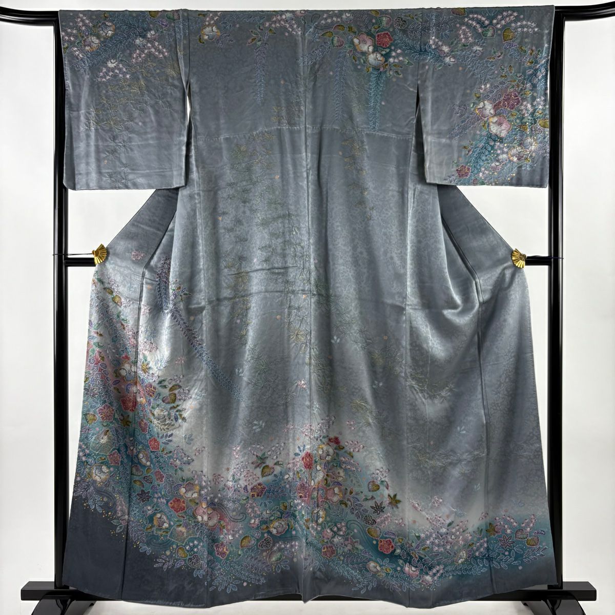訪問服 身長159cm 袖長64.5cm M 雙層 扇子面 辻花染 金彩裝飾 漸層 青灰 純蠶絲 名品級