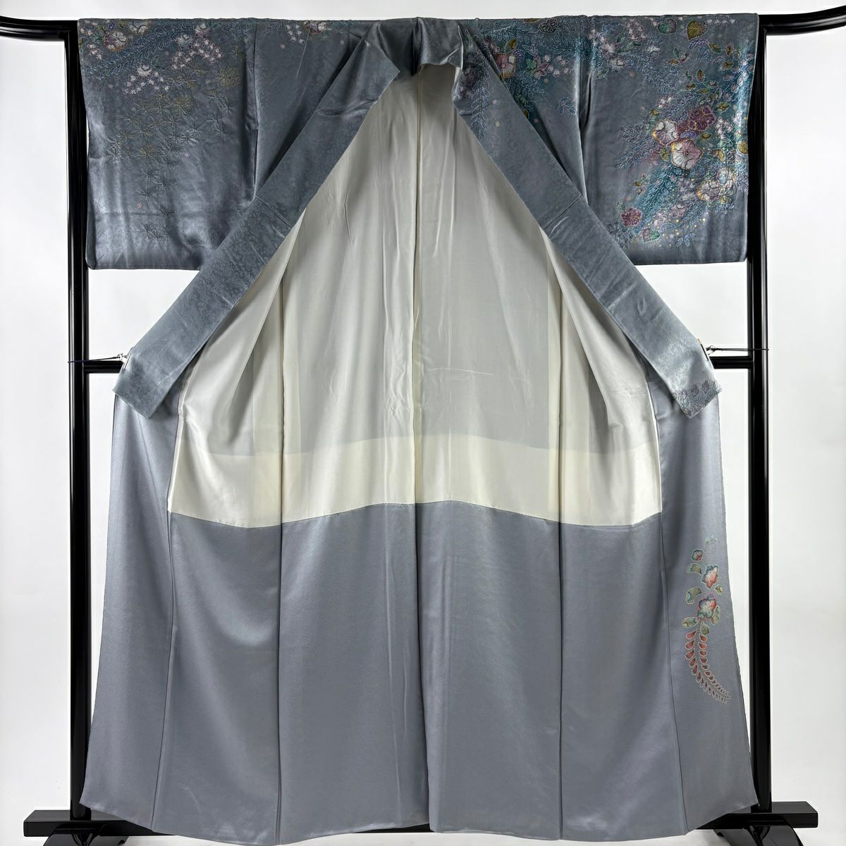 訪問服 身長159cm 袖長64.5cm M 雙層 扇子面 辻花染 金彩裝飾 漸層 青灰 純蠶絲 名品級