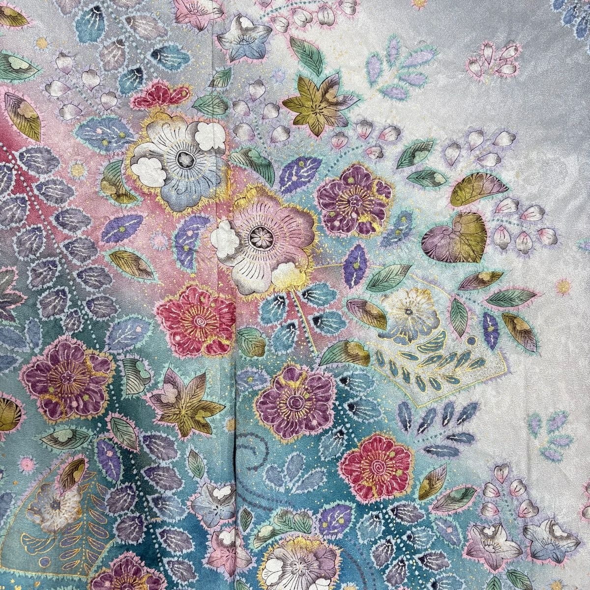 訪問服 身長159cm 袖長64.5cm M 雙層 扇子面 辻花染 金彩裝飾 漸層 青灰 純蠶絲 名品級