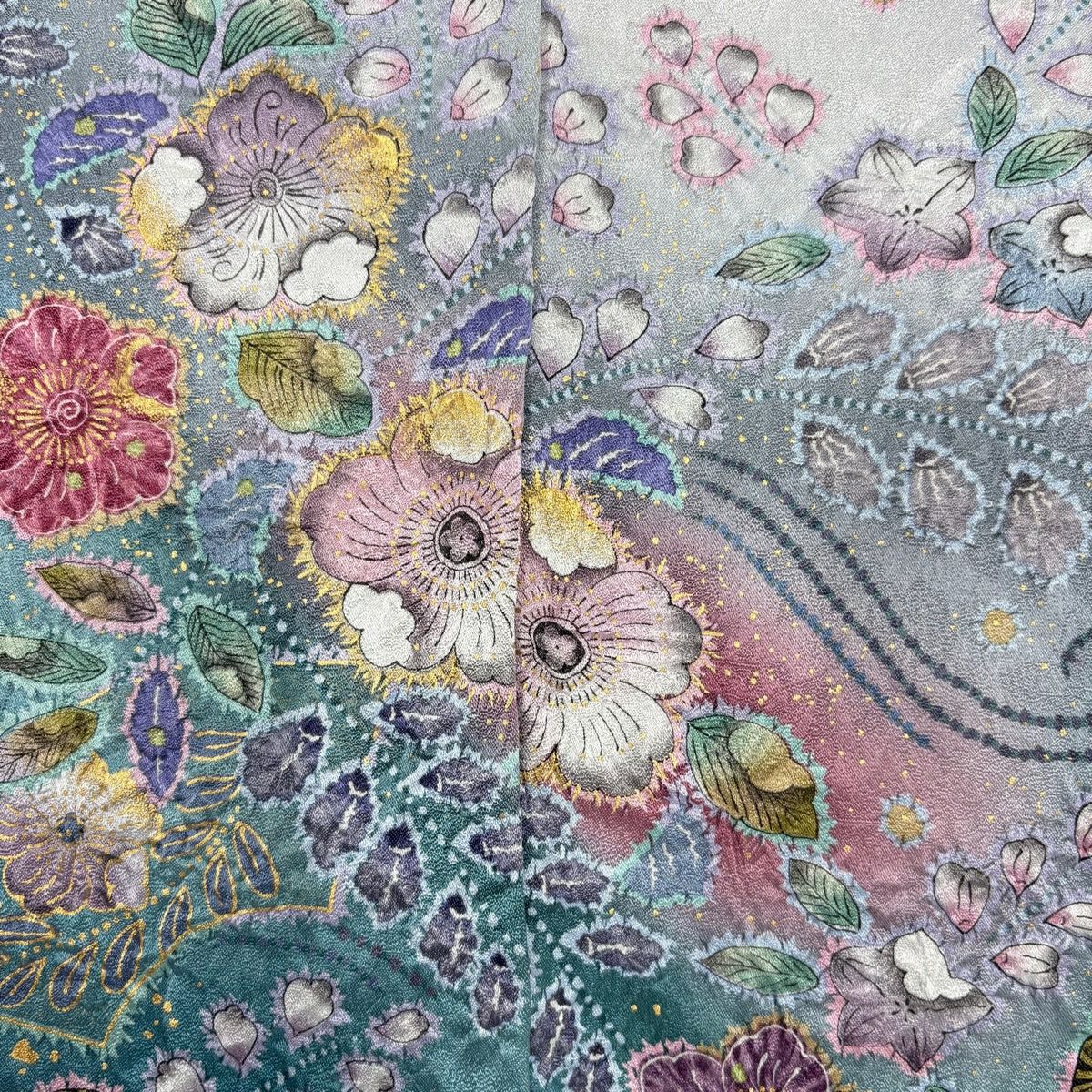 訪問服 身長159cm 袖長64.5cm M 雙層 扇子面 辻花染 金彩裝飾 漸層 青灰 純蠶絲 名品級