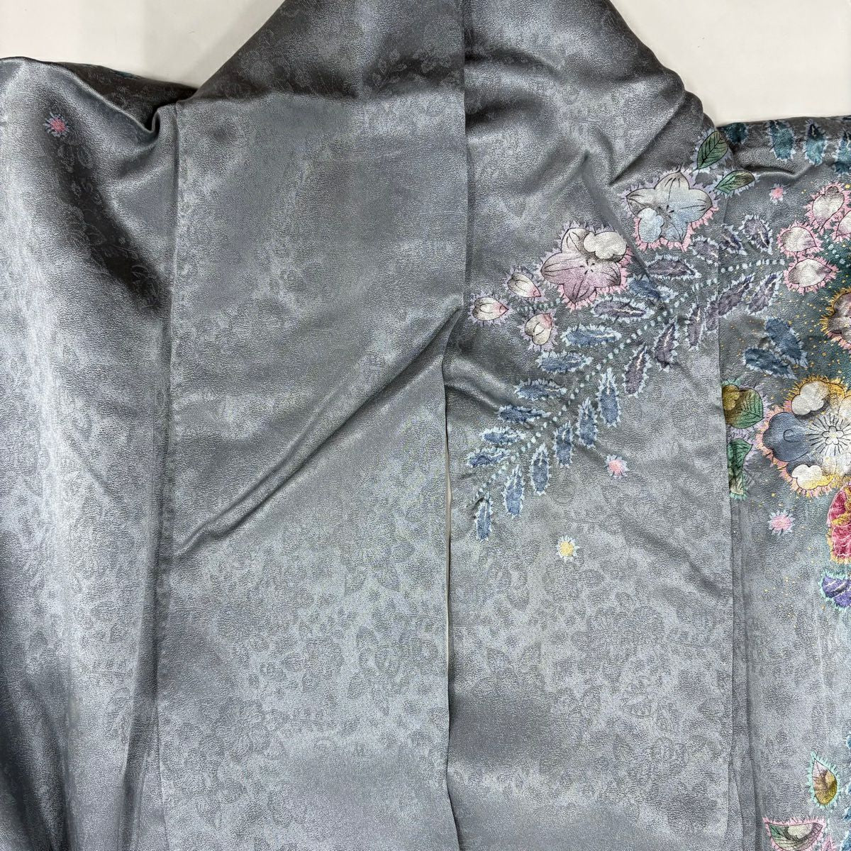 訪問服 身長159cm 袖長64.5cm M 雙層 扇子面 辻花染 金彩裝飾 漸層 青灰 純蠶絲 名品級