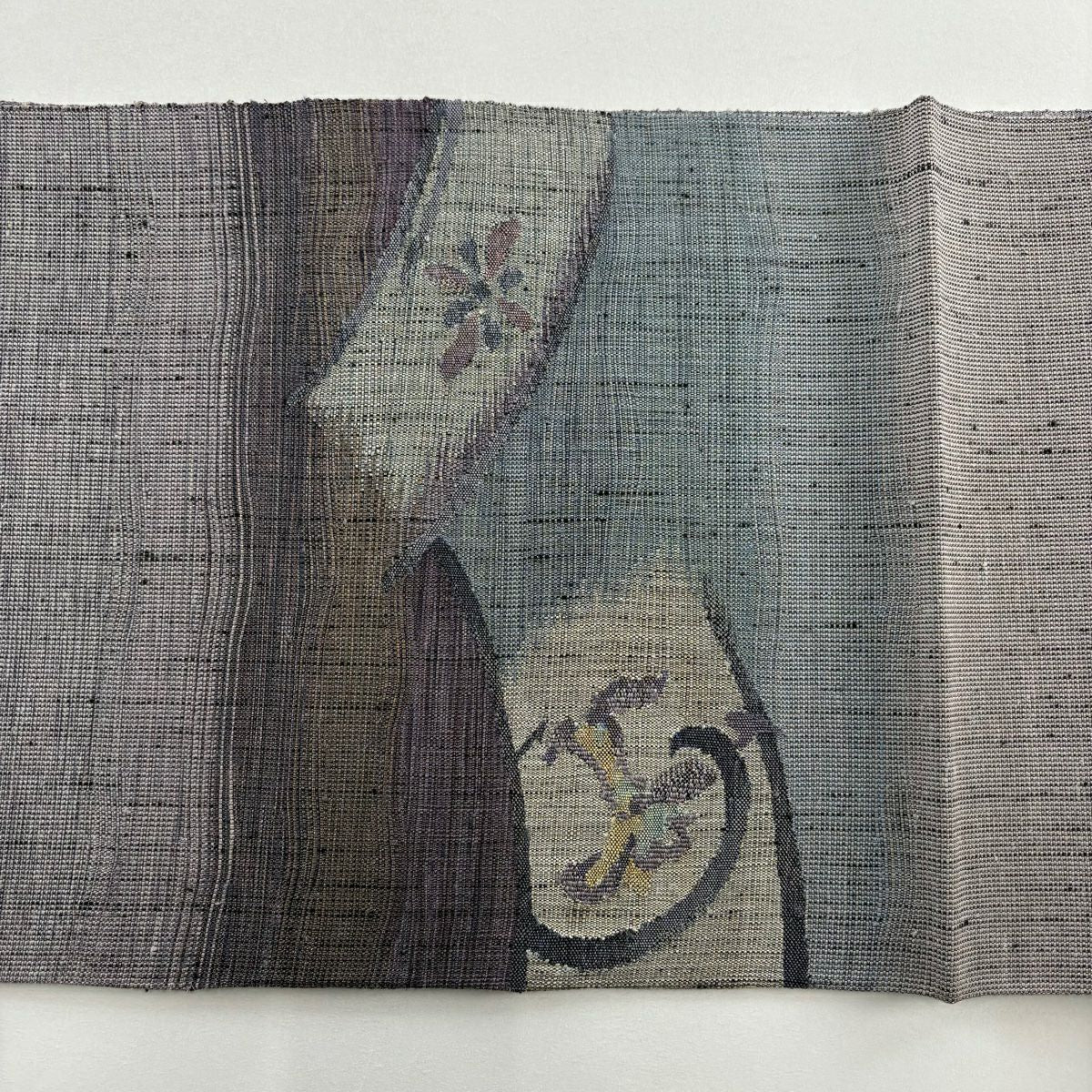 【美品】 袋帶 名品級 花 金絲 灰紫 お太鼓圖案 純蠶絲