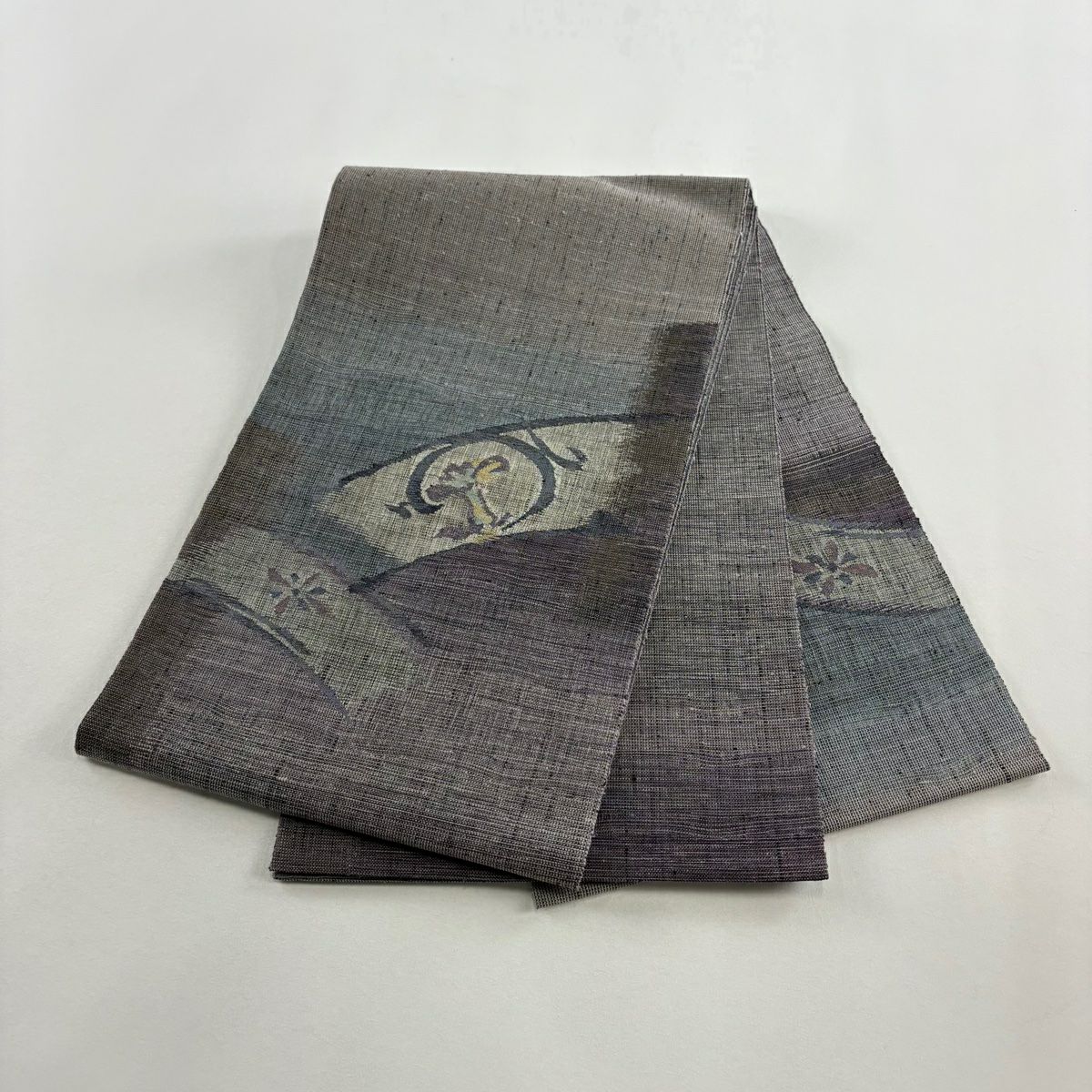 【美品】 袋帶 名品級 花 金絲 灰紫 お太鼓圖案 純蠶絲
