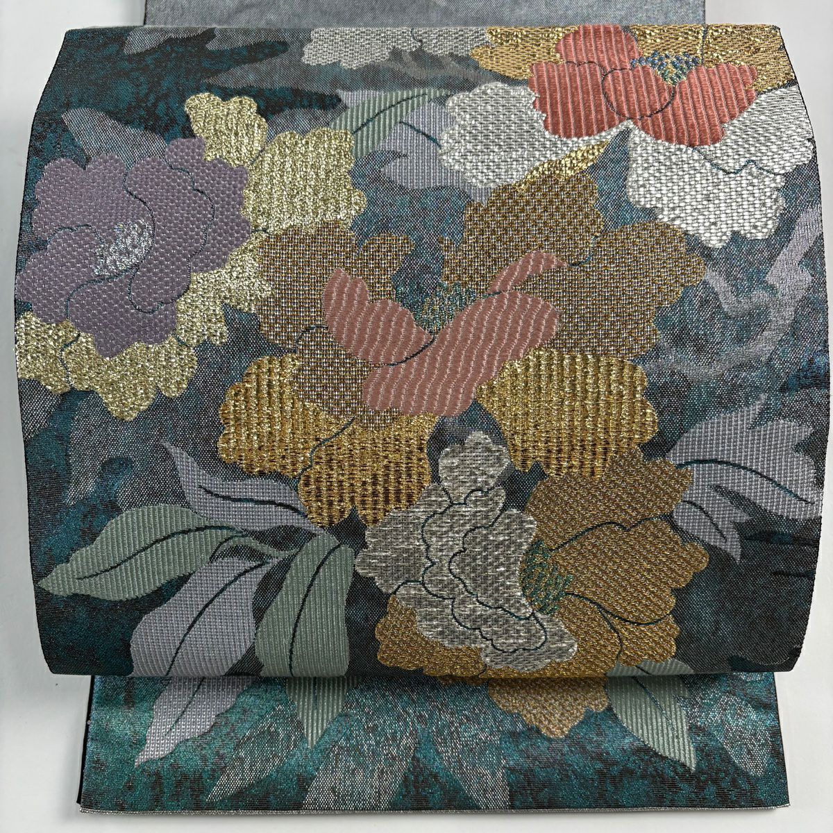 袋帶 秀品級 關西仕立 草花紋紋 金金箔 金線 青綠色 大鼓圖案 純蠶絲