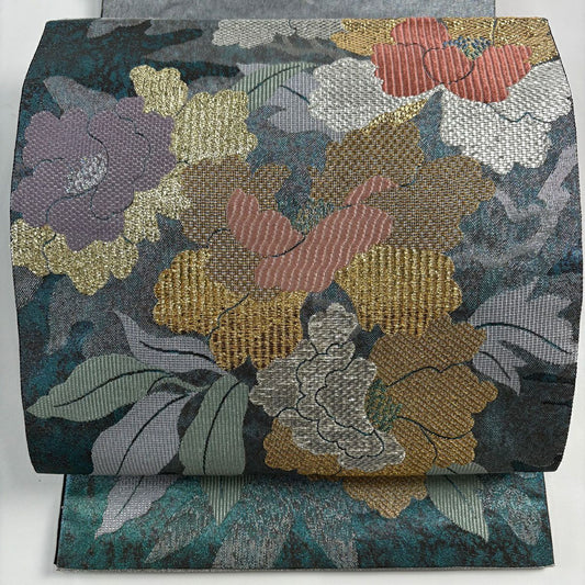 袋帶 秀品級 關西仕立 草花紋紋 金金箔 金線 青綠色 大鼓圖案 純蠶絲