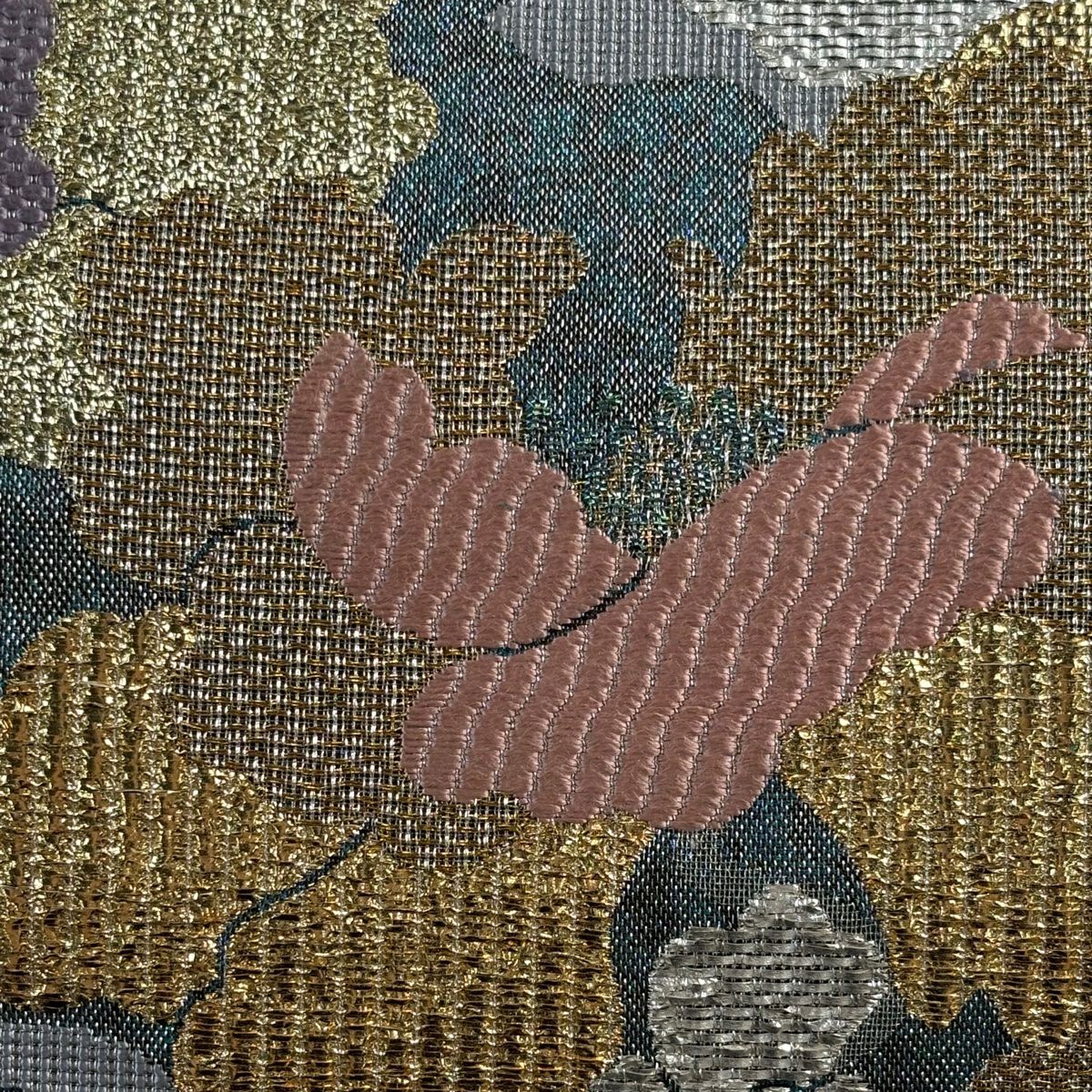 袋帶 秀品級 關西仕立 草花紋紋 金金箔 金線 青綠色 大鼓圖案 純蠶絲
