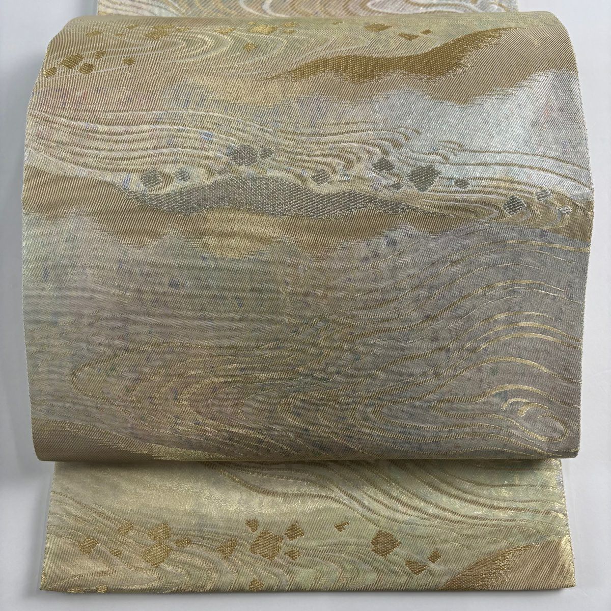 【美品】 袋帶 秀品級 幾何圖案 金銀線 金金箔 金色 六通 純蠶絲