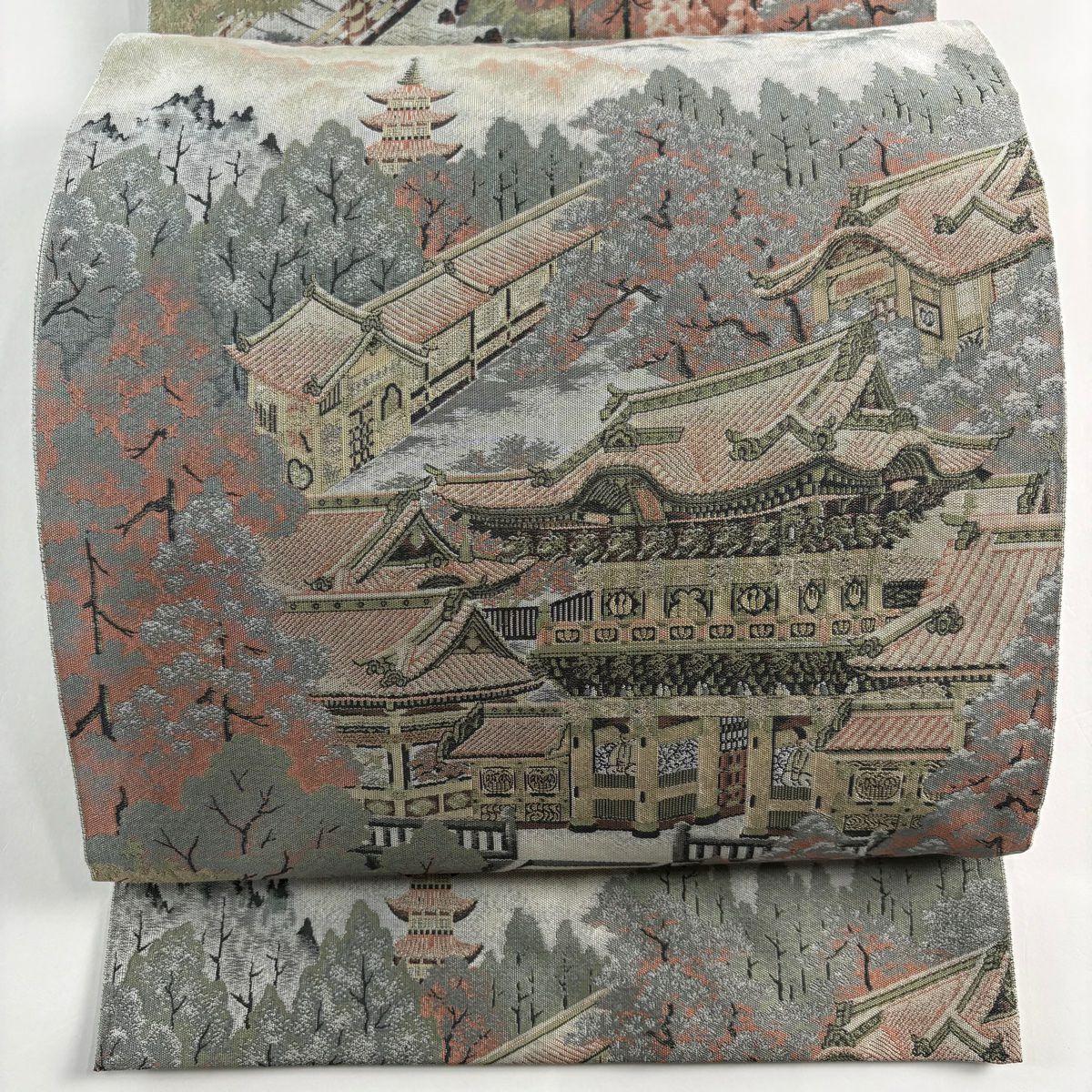 【美品】 袋帶 秀品級 建築物 樹木 青灰 純蠶絲