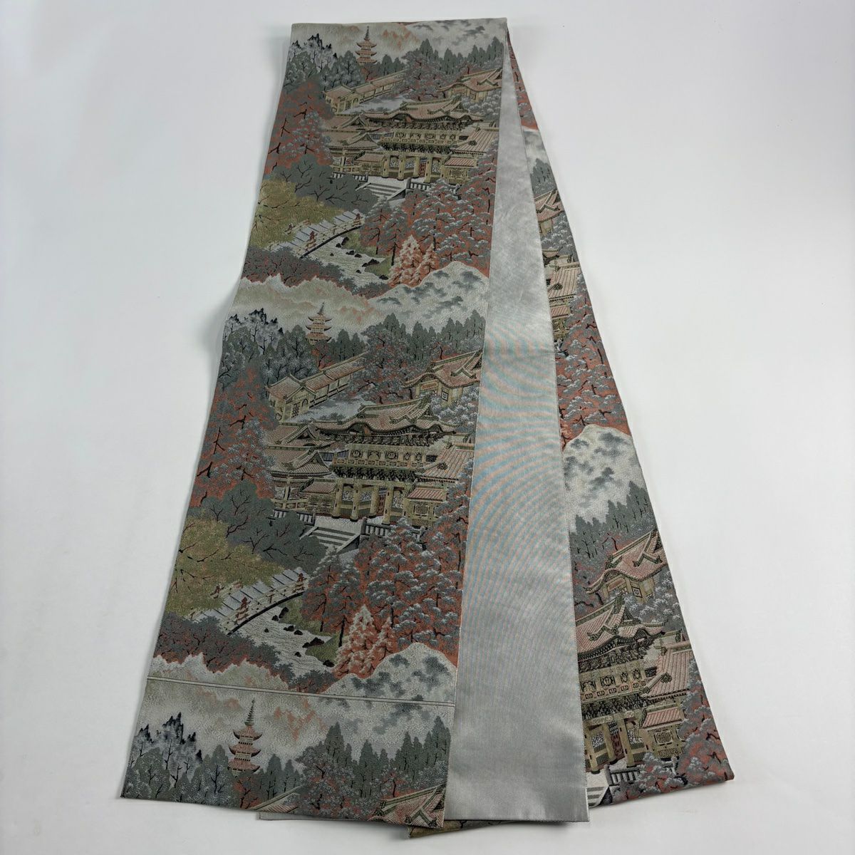 【美品】 袋帶 秀品級 建築物 樹木 青灰 純蠶絲