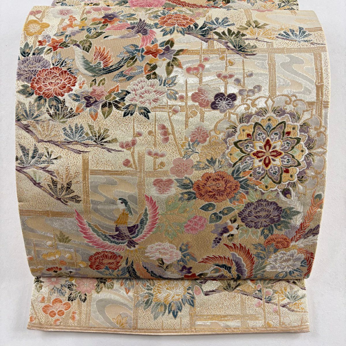 【美品】 袋帶 秀品級 尾長鳥 草花紋 金糸 金金箔 銀 六通 純蠶絲