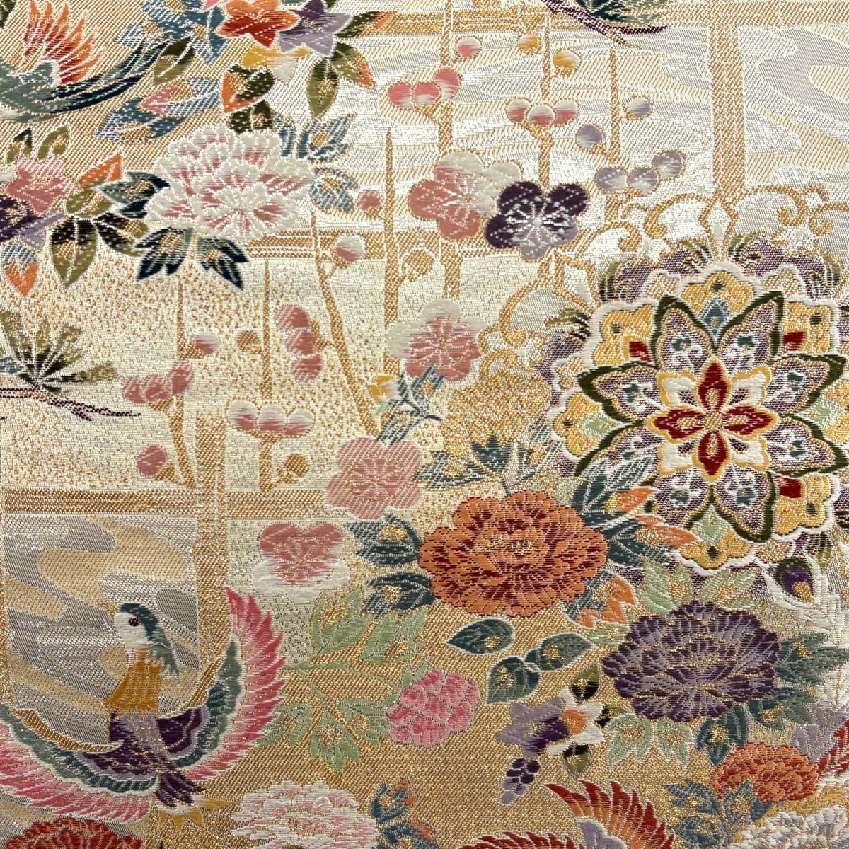 【美品】 袋帶 秀品級 尾長鳥 草花紋 金糸 金金箔 銀 六通 純蠶絲