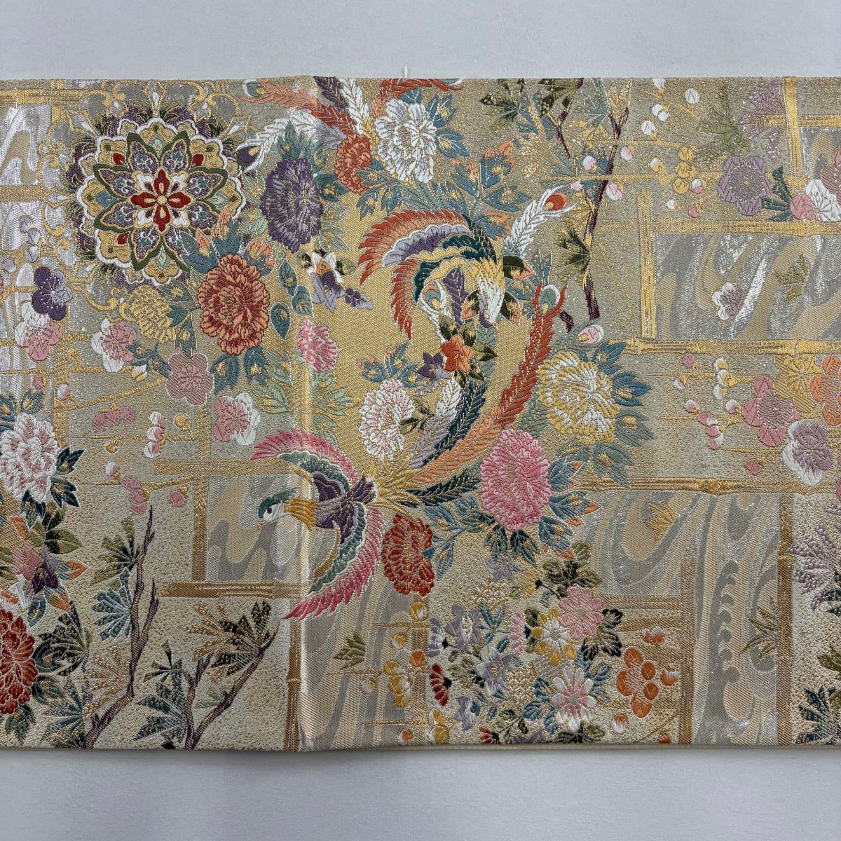【美品】 袋帶 秀品級 尾長鳥 草花紋 金糸 金金箔 銀 六通 純蠶絲