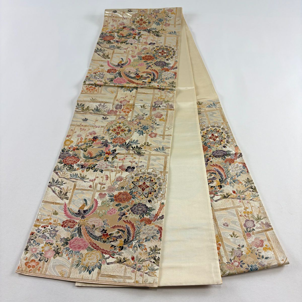 【美品】 袋帶 秀品級 尾長鳥 草花紋 金糸 金金箔 銀 六通 純蠶絲
