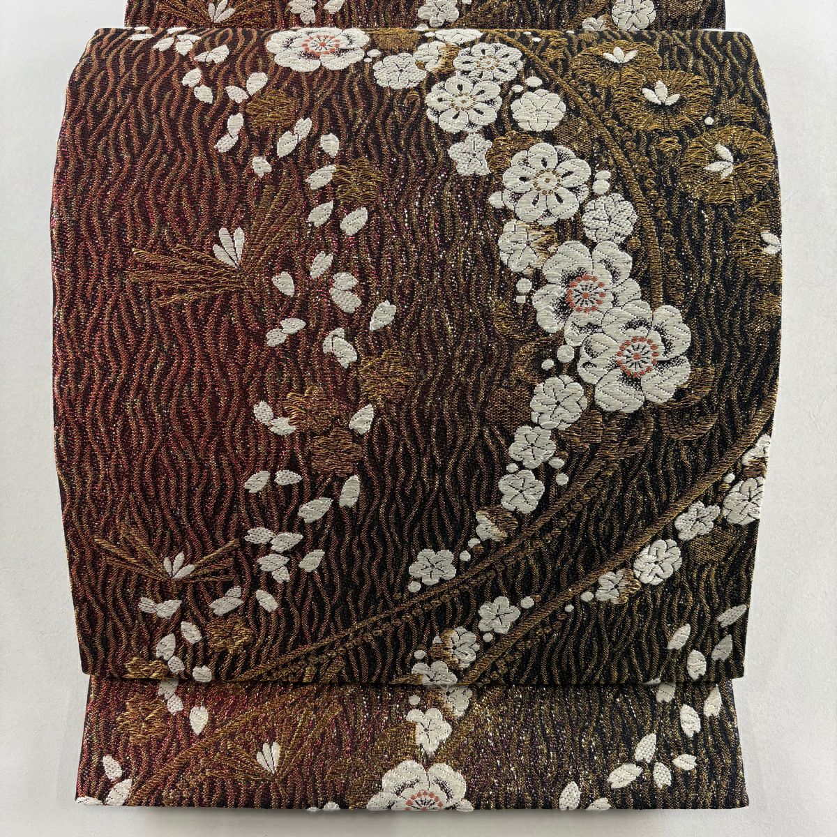 【美品】 袋帶 秀品級 梅花 櫻花 唐織 金絲 紅 六通 純蠶絲