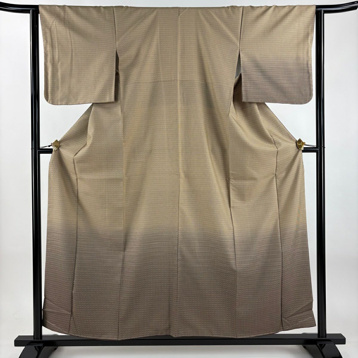 【美品】 付下 身長157.5cm 袖長63cm S 雙層 紬織織 縞 幾何學圖案 漸層 淺茶 純蠶絲 逸品級