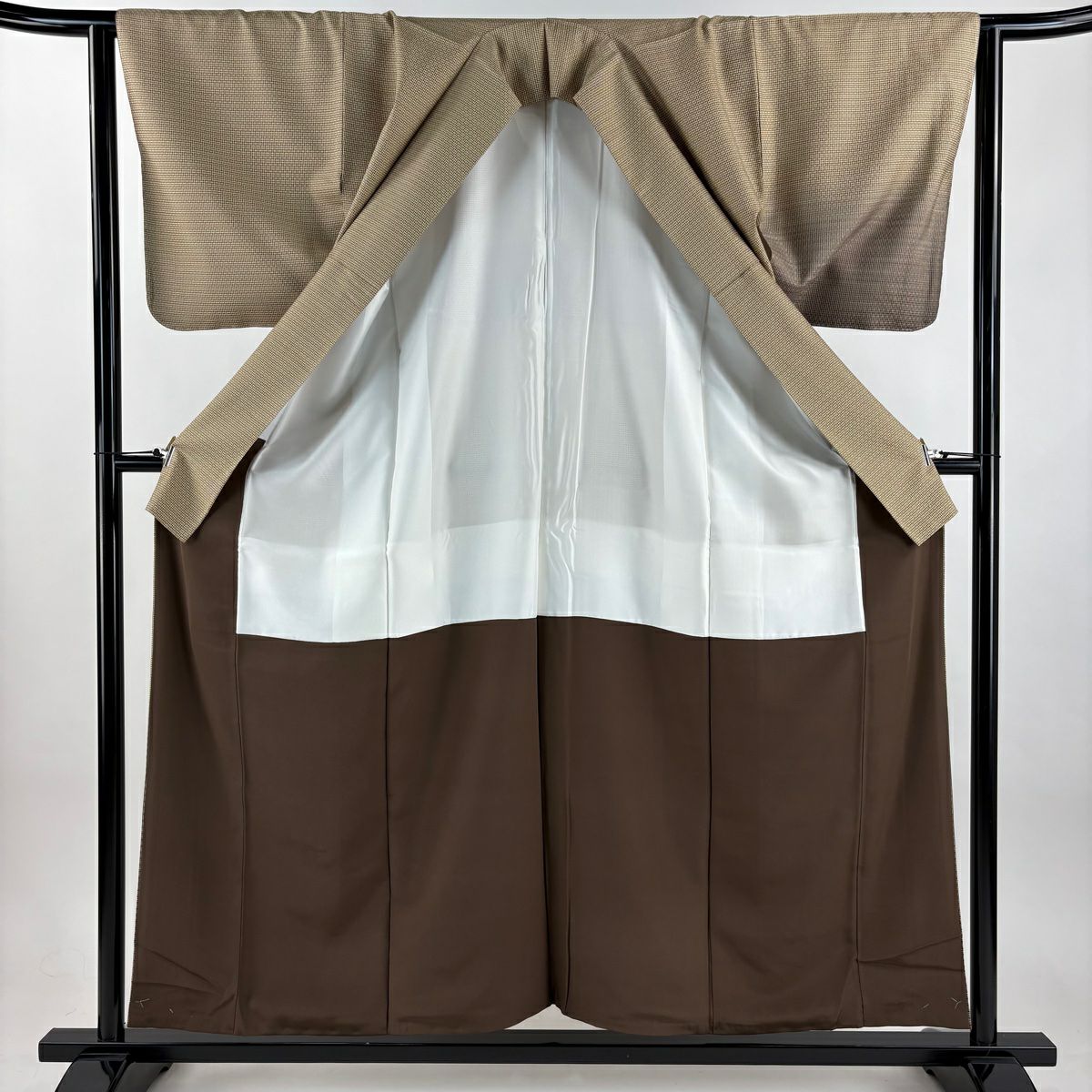 【美品】 付下 身長157.5cm 袖長63cm S 雙層 紬織織 縞 幾何學圖案 漸層 淺茶 純蠶絲 逸品級