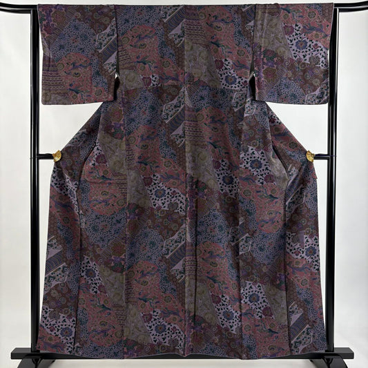 【美品】 小紋 身長157cm 袖長63.5cm S 雙層 前田仁仙 落款あり 鳥 草花紋紋 紫 純蠶絲 逸品級