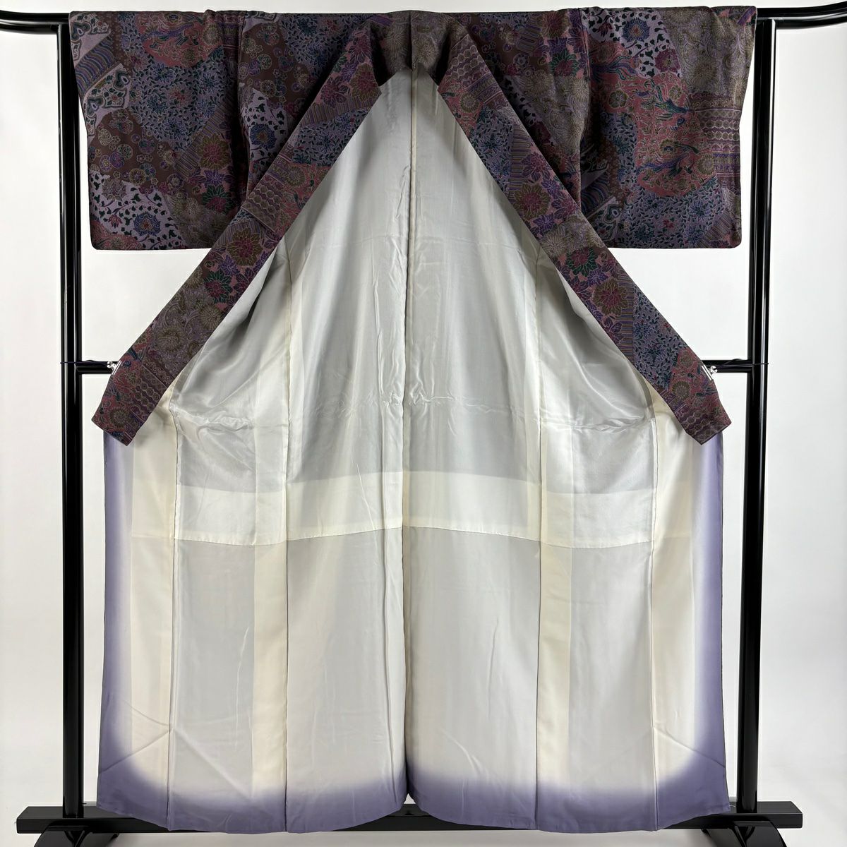 【美品】 小紋 身長157cm 袖長63.5cm S 雙層 前田仁仙 落款あり 鳥 草花紋紋 紫 純蠶絲 逸品級