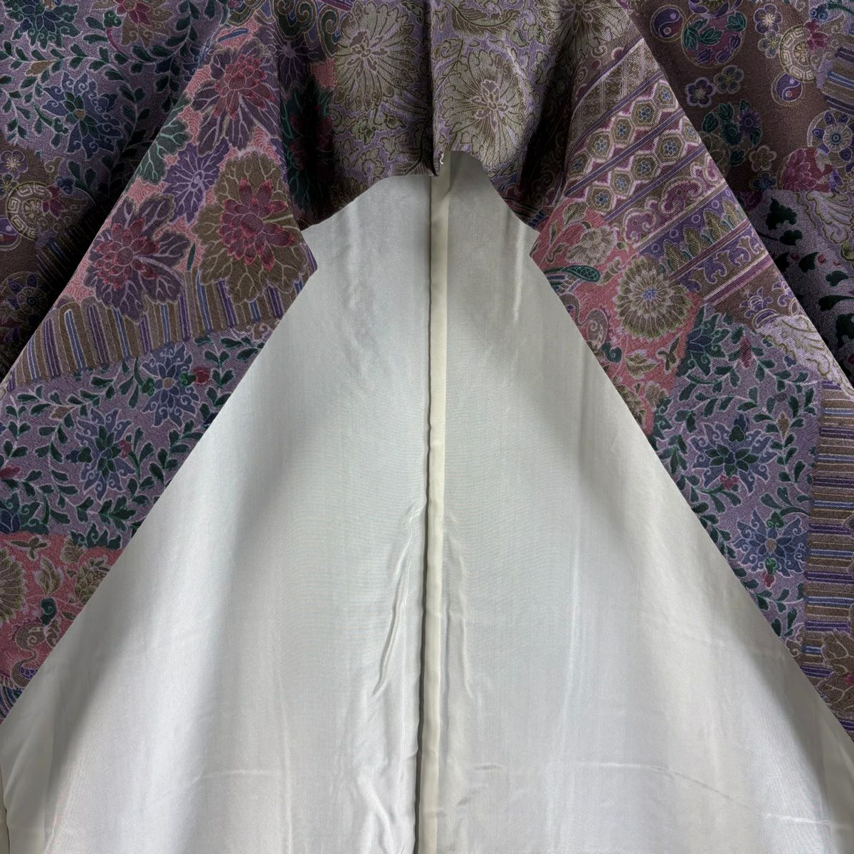 【美品】 小紋 身長157cm 袖長63.5cm S 雙層 前田仁仙 落款あり 鳥 草花紋紋 紫 純蠶絲 逸品級
