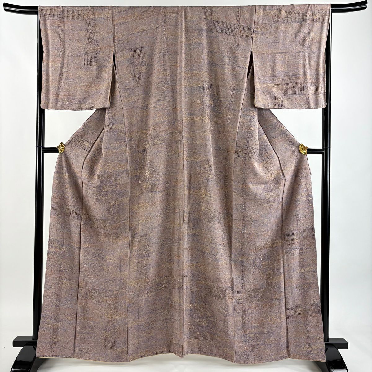 【美品】 小紋 身長161.5cm 袖長66.5cm M 雙層 華紋 草花紋紋 刺繡 灰紫 純蠶絲 逸品級