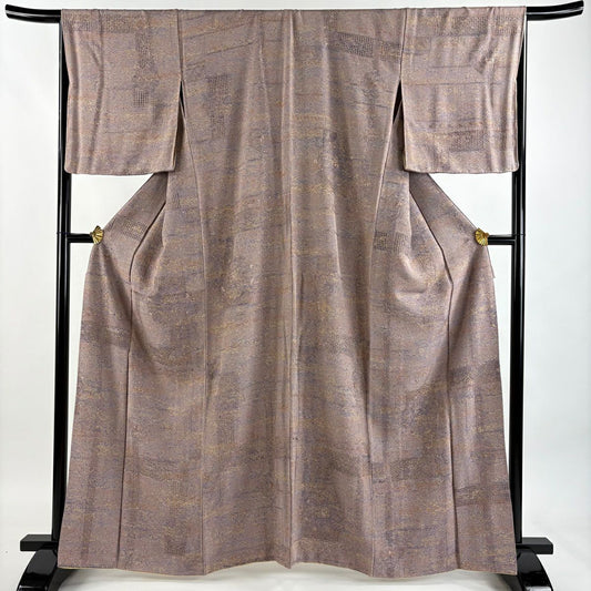 【美品】 小紋 身長161.5cm 袖長66.5cm M 雙層 華紋 草花紋紋 刺繡 灰紫 純蠶絲 逸品級
