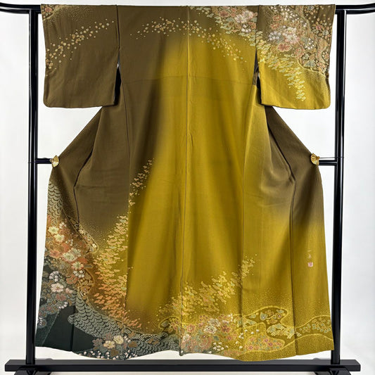 訪問服 身長151.5cm 袖長62cm S 雙層 吉乃一廉 落款あり 辻花染 金銀彩 漸層 茶綠 純蠶絲 逸品級