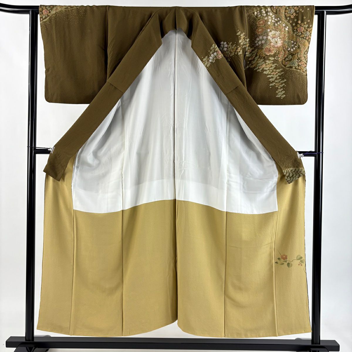 訪問服 身長151.5cm 袖長62cm S 雙層 吉乃一廉 落款あり 辻花染 金銀彩 漸層 茶綠 純蠶絲 逸品級