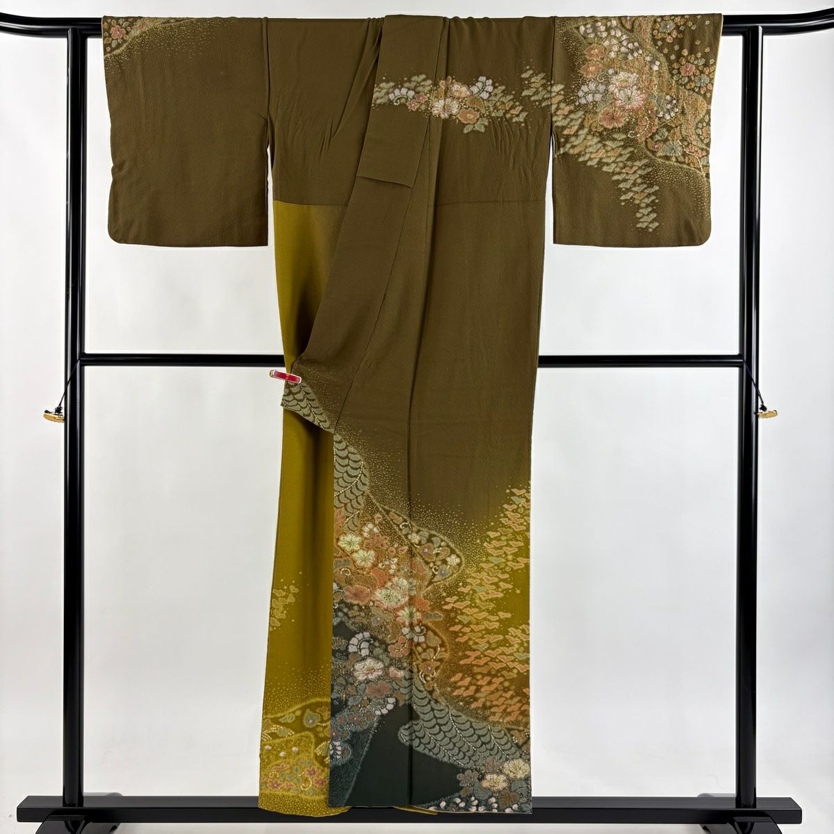 訪問服 身長151.5cm 袖長62cm S 雙層 吉乃一廉 落款あり 辻花染 金銀彩 漸層 茶綠 純蠶絲 逸品級