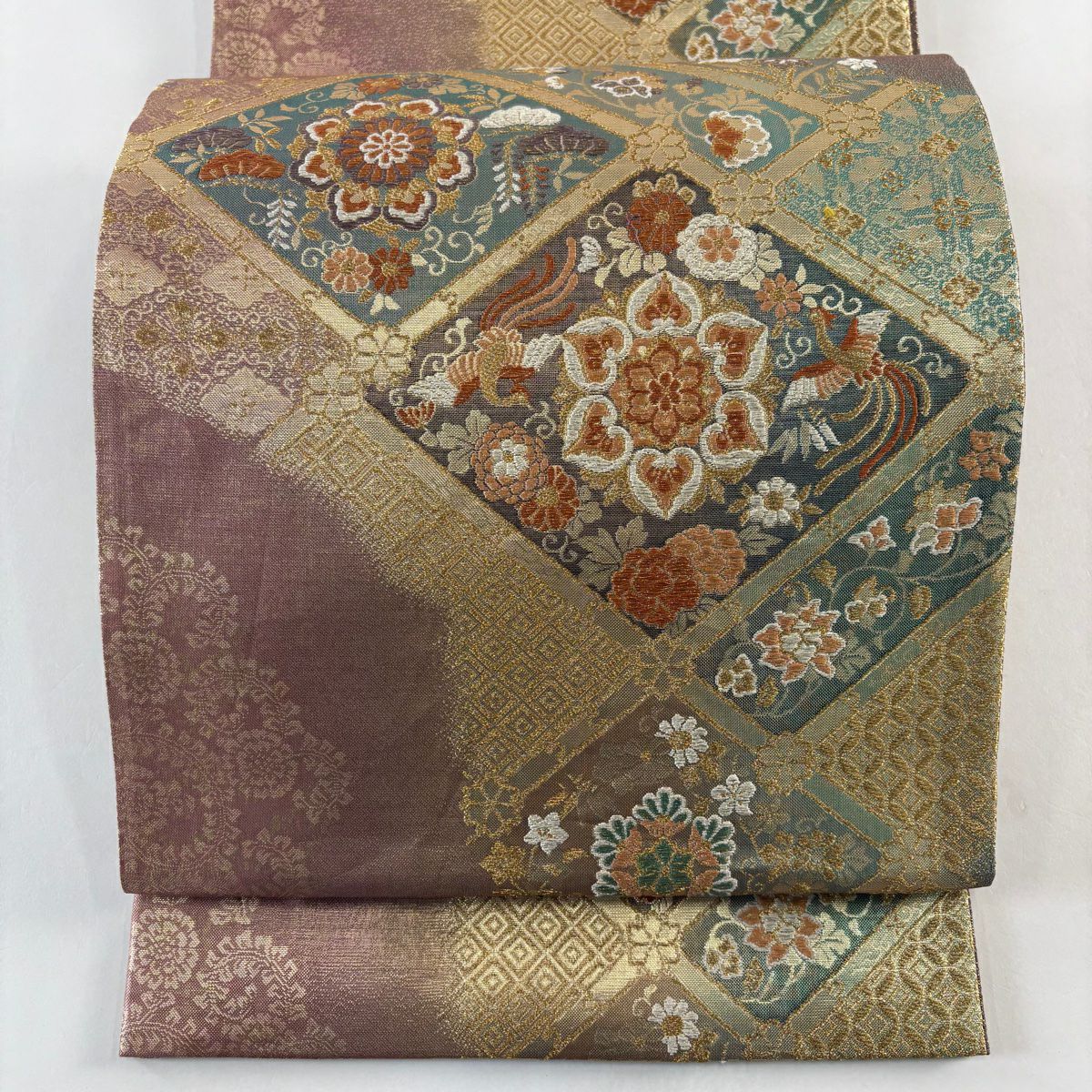 袋帶 名品級 證書齊全 華紋 鳳凰 金絲 刺繡 灰綠 六通 純蠶絲