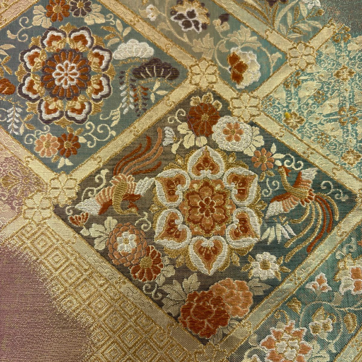 袋帶 名品級 證書齊全 華紋 鳳凰 金絲 刺繡 灰綠 六通 純蠶絲
