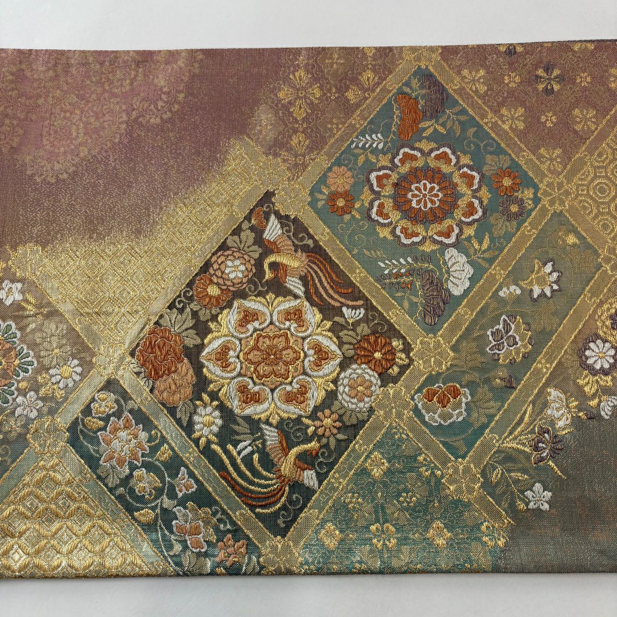 袋帶 名品級 證書齊全 華紋 鳳凰 金絲 刺繡 灰綠 六通 純蠶絲