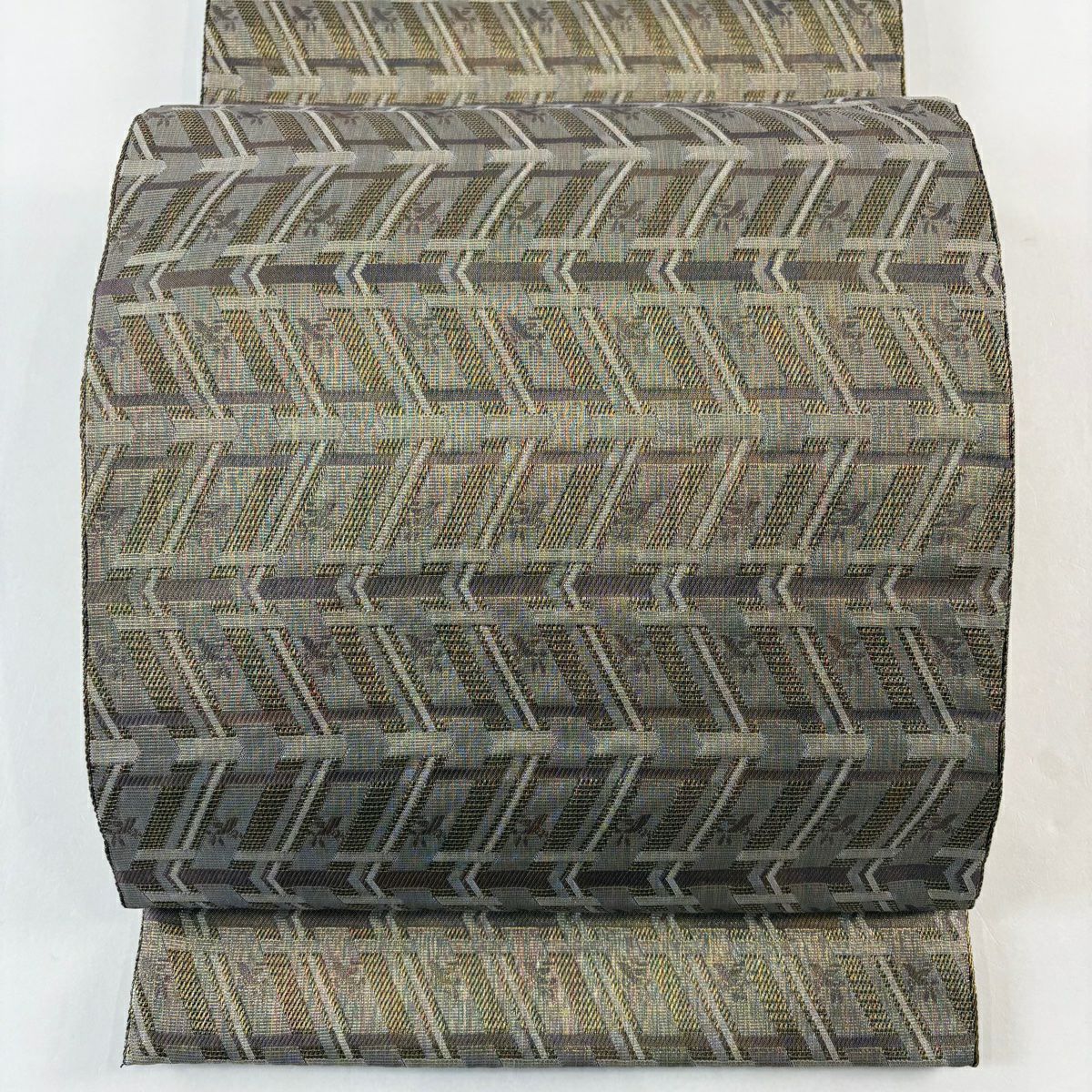 【美品】 袋帶 名品級 手先四通 立涌 幾何圖案 金絲 金茶 大鼓圖案 純蠶絲